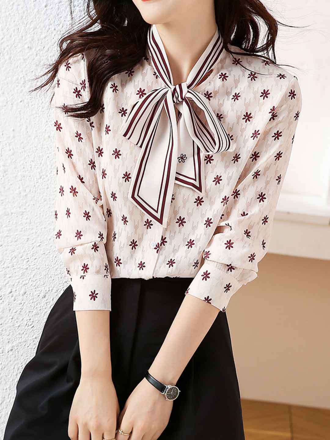 Anna Elegant Printed Ribbon Shirt