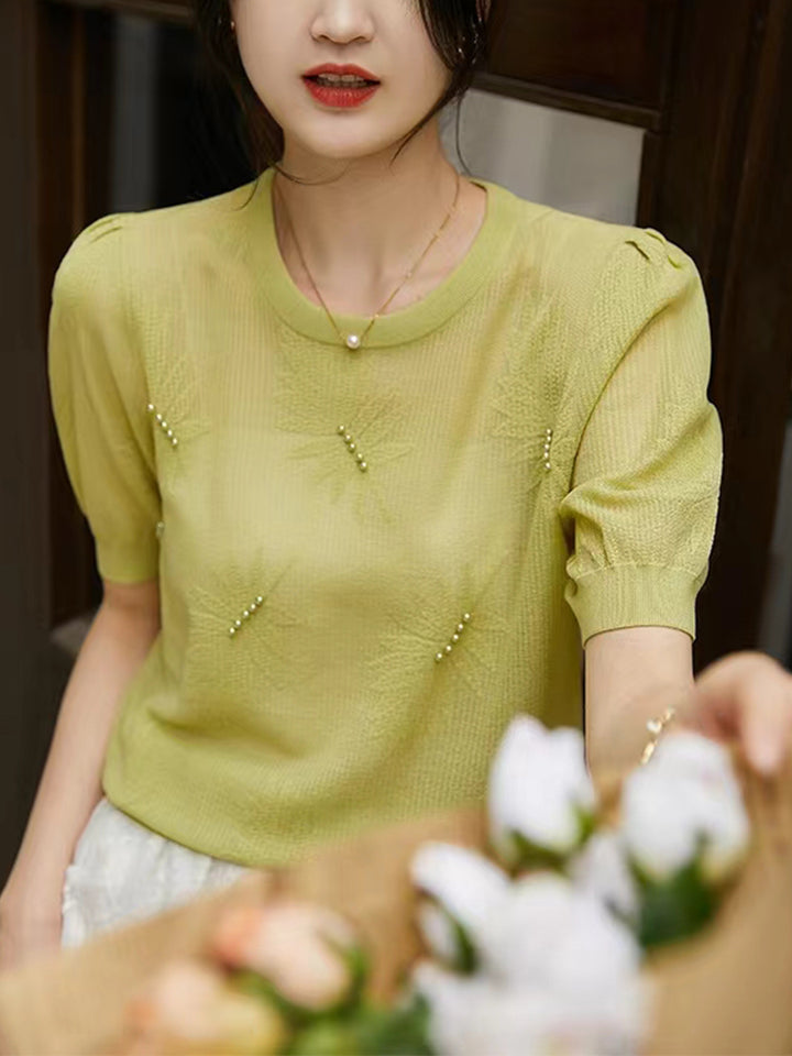 Brianna Casual Puff Sleeve Jacquard Beaded Knitted Top