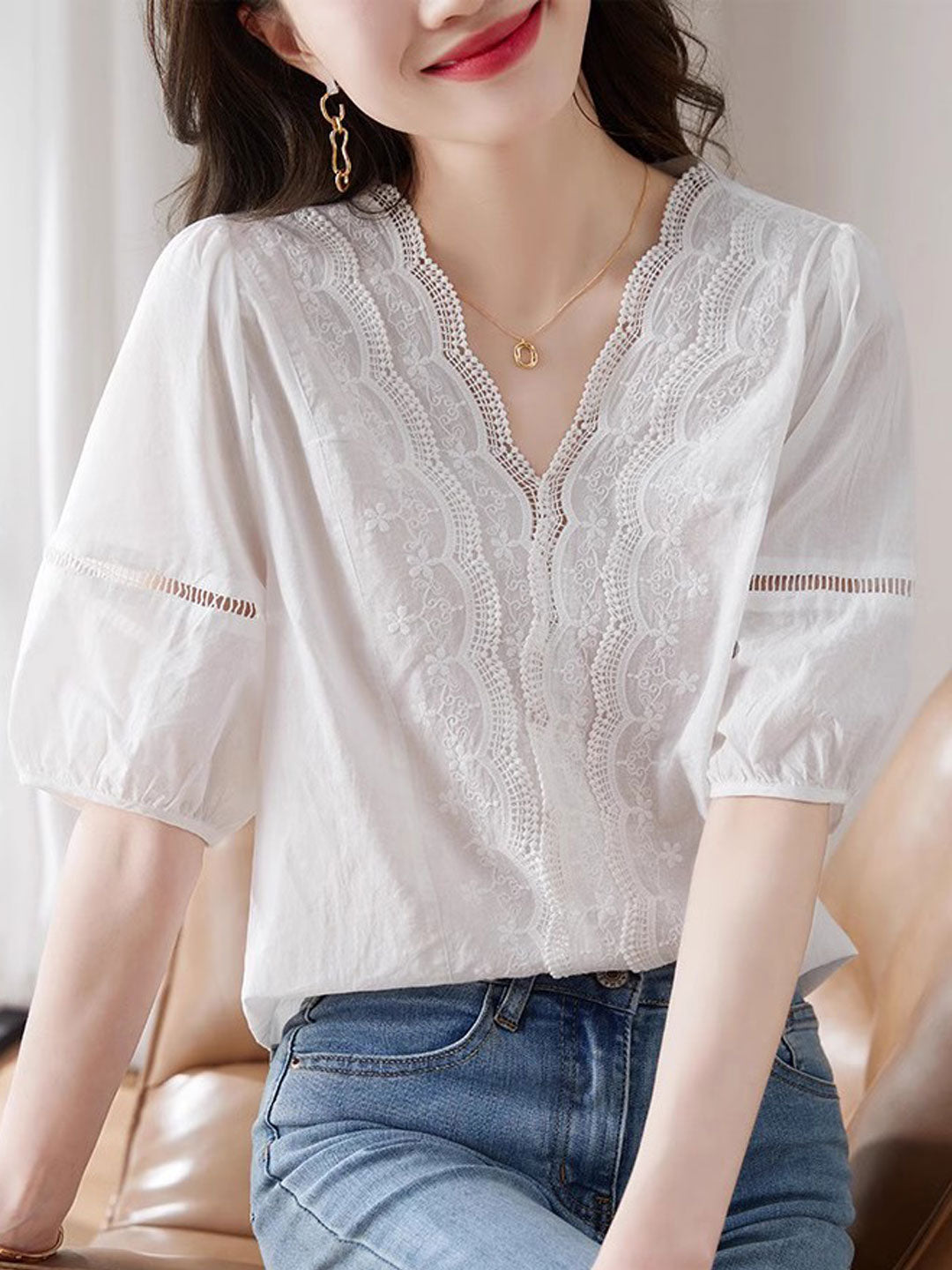 Olivia Retro V-Neck Lace Embroidered Top