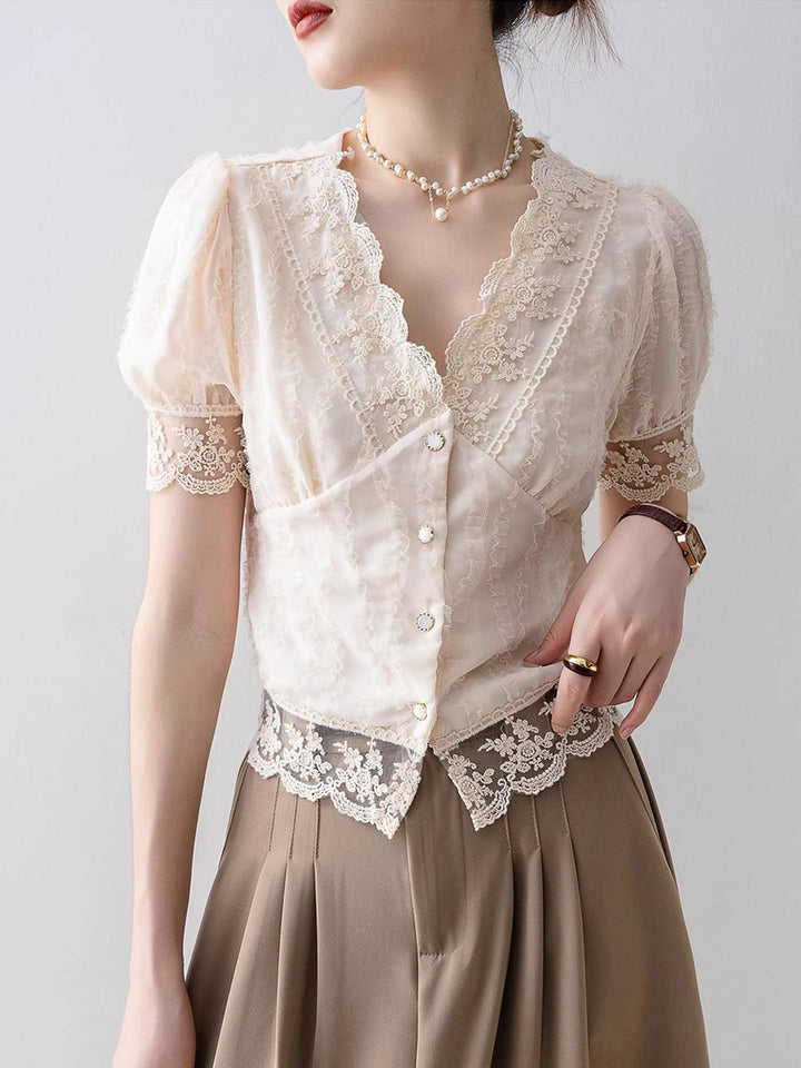 Anna Retro V-Neck Flare Sleeve Hollowed Lace Top