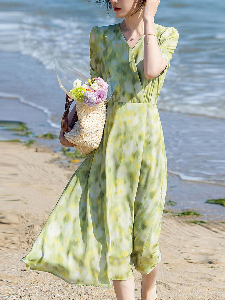 Emma Vacation V-neck Shirred Printed Chiffon Dress