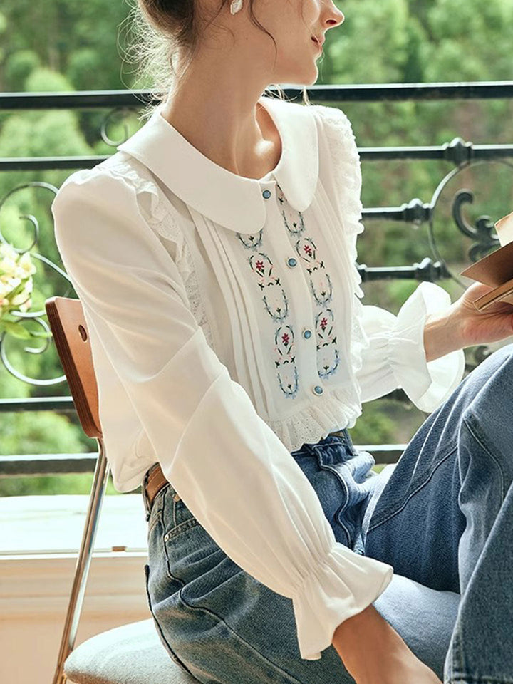 Claire Loose Lapel Puff Sleeve Embroidered Shirt