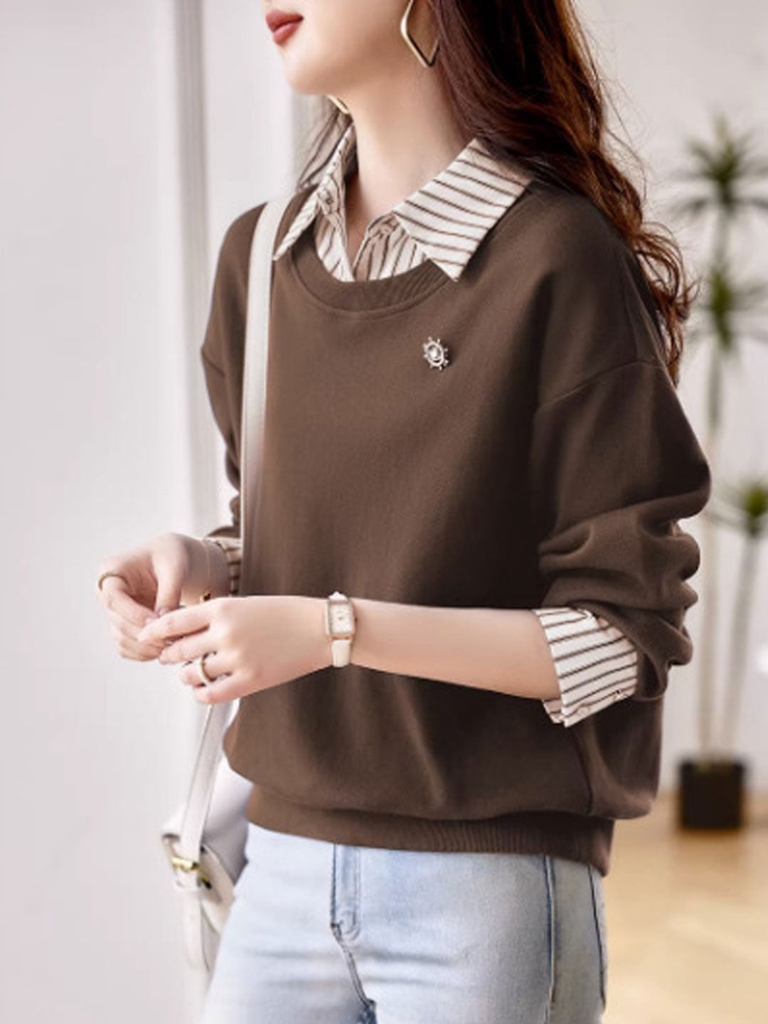 Isabella Casual Patchwork Striped Sweatshirt-Coffee