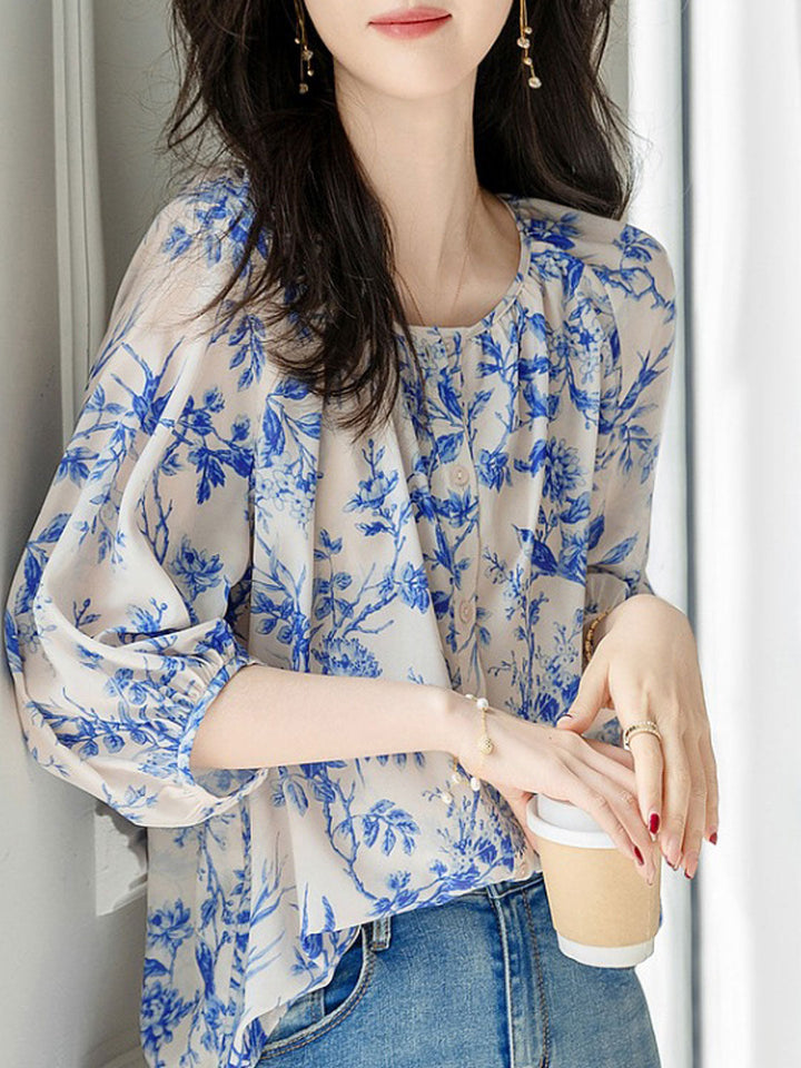 Jessica Elegant Crew Neck Puff Sleeve Printed Chiffon Top