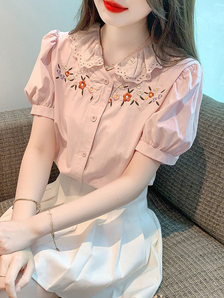 Melanie Retro Doll Collar Embroidered Lace Top