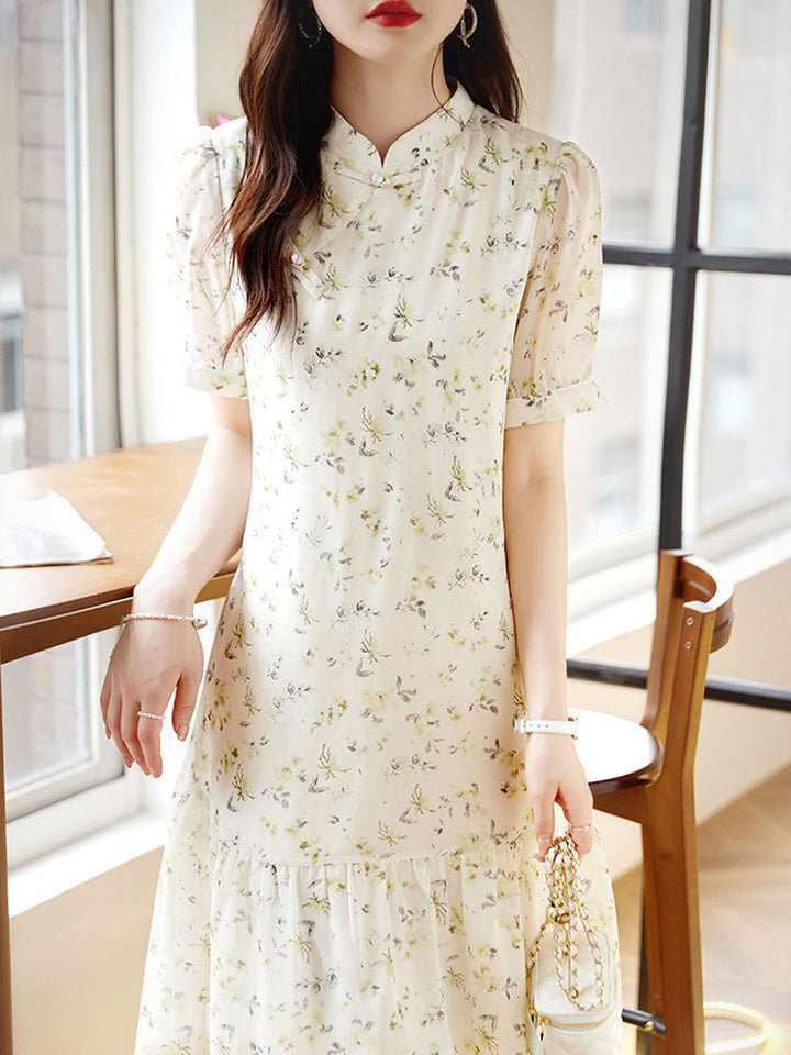 Ava Retro Crew Neck Ruffle Floral Dress