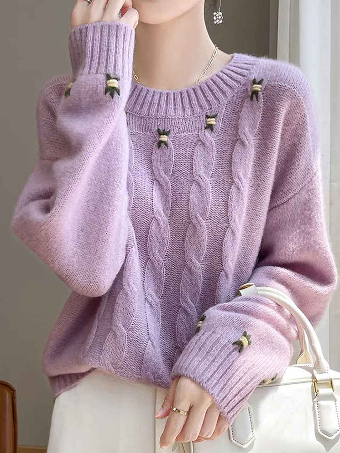 Bella Floral Crew Neck Solid Color Knitted Sweater