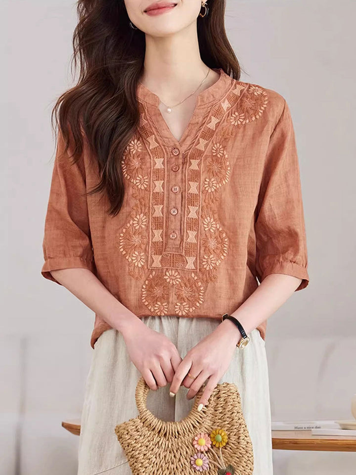 Zoe Loose V-Neck Embroidered Top