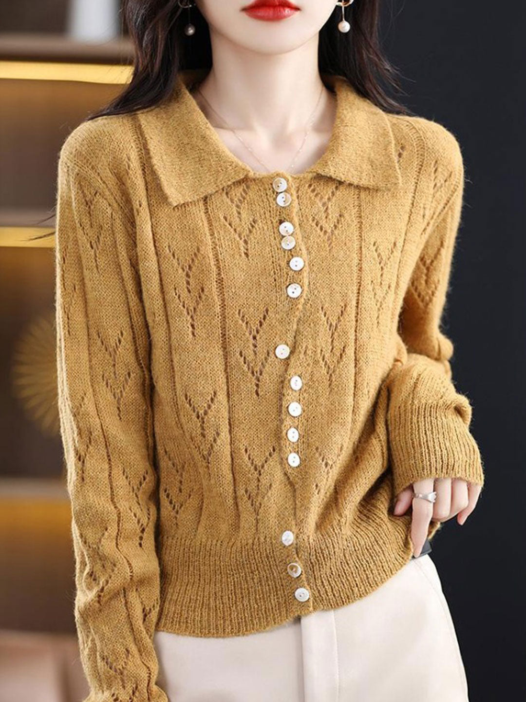 Natalie Polo Collar Solid Color Hollowed Knitted Cardigan