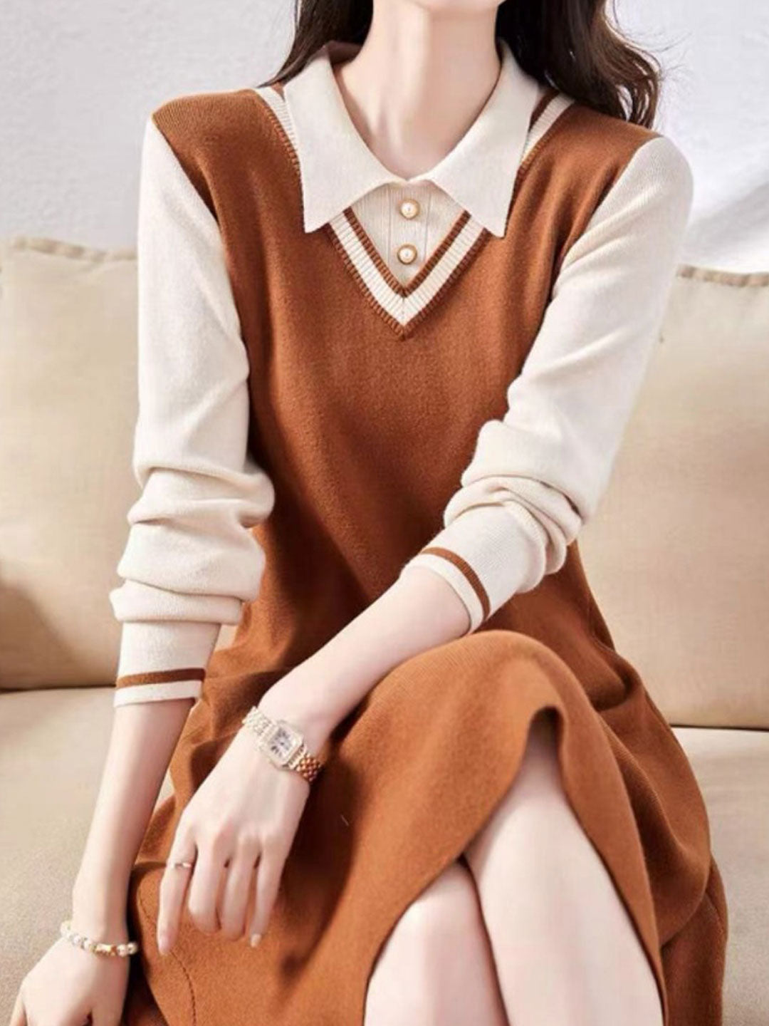 Ava Classic Lapel Collar Contrasted Knitted Dress