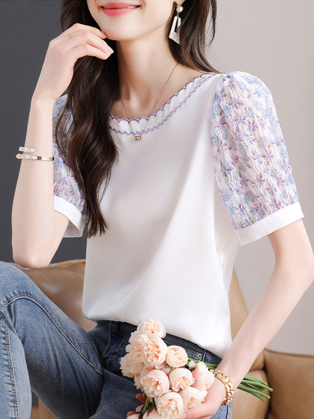 Chloe Classic Crew Neck Embroidered Floral Chiffon Top