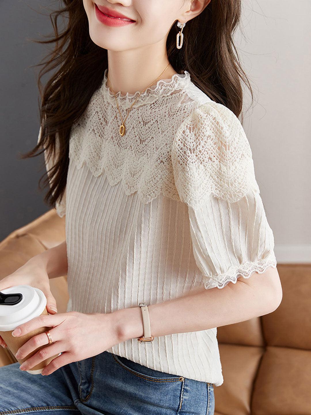 Mia Classic Crew Neck Puff Sleeve Lace Chiffon Top