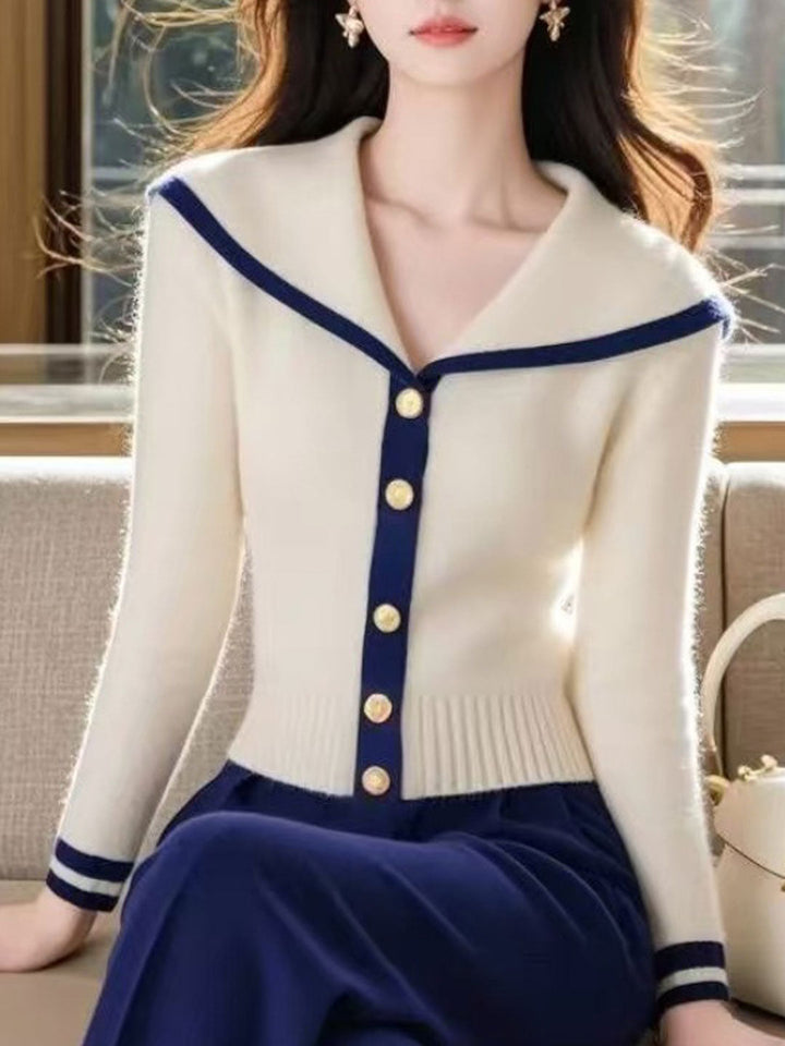 Madelyn Retro Colorblock Lapel Knitted Pullover Top