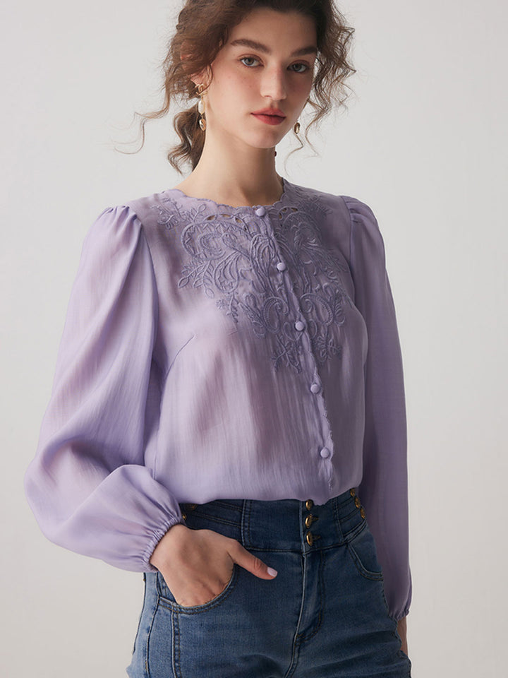 Jocelyn Elegant Embroidered Lantern Sleeve Shirt-White