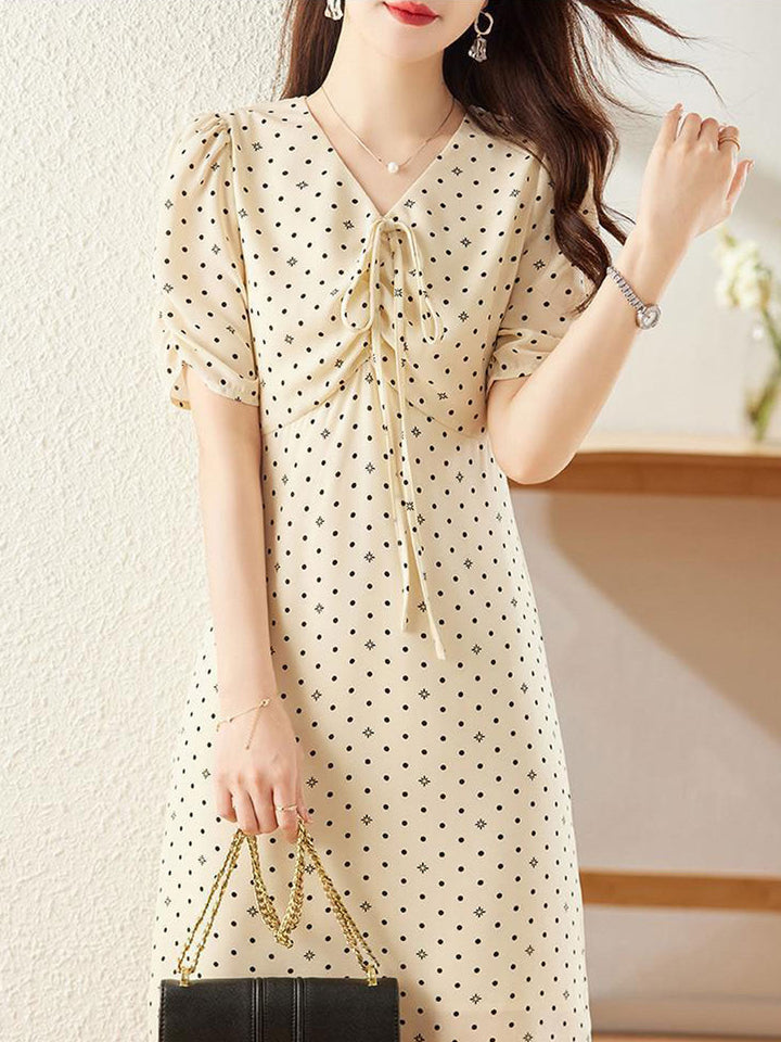 Claire Cute V-Neck Puff Sleeve Polka Dot Dress