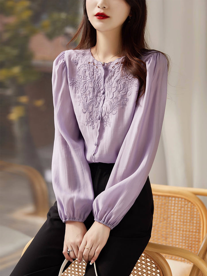 Jocelyn Elegant Embroidered Lantern Sleeve Shirt-Purple