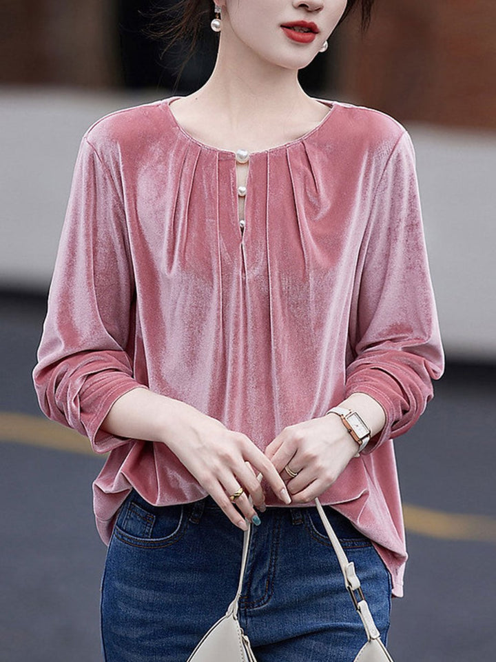 Madison Casual Crew Neck Puff Sleeve Pearl Top