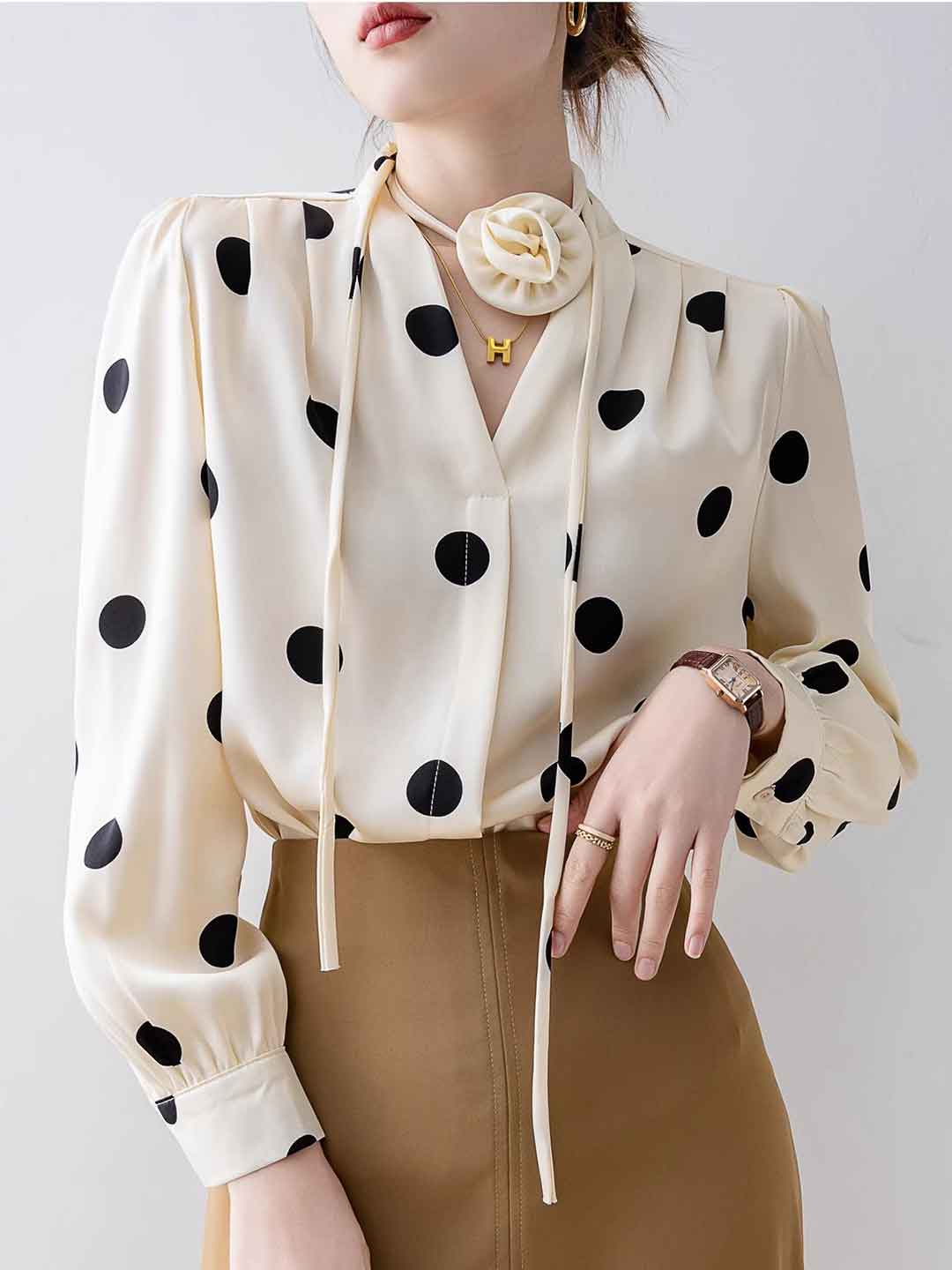 Faith Loose V-Neck Satin Polka Dot Shirt