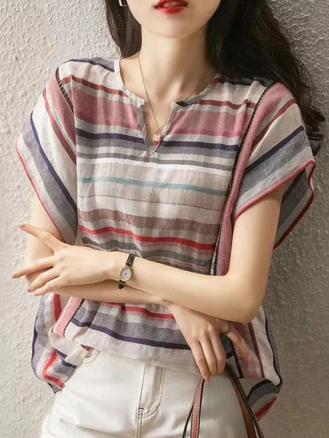 Madelyn Loose V-Neck Striped T-Shirt