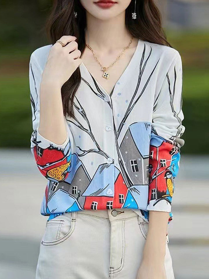 Isabella Elegant V-neck Printed Knitted Cardigan