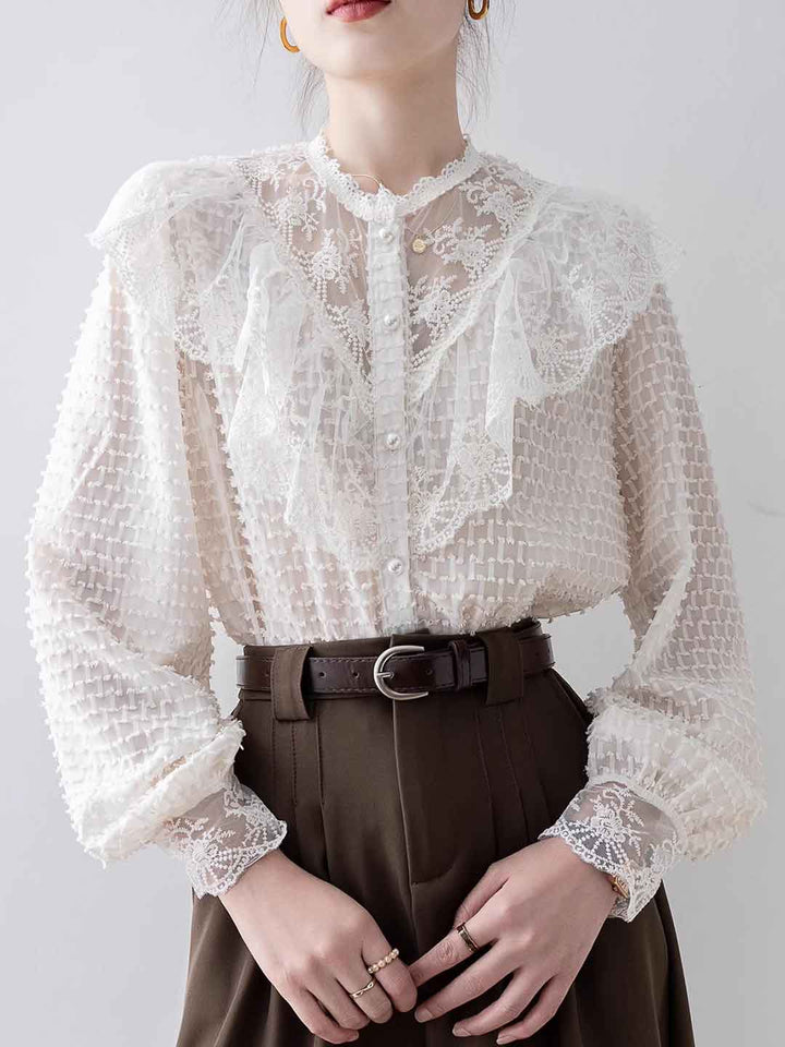 Olivia Vintage Crew Neck Lace Ruffle Mesh Shirt