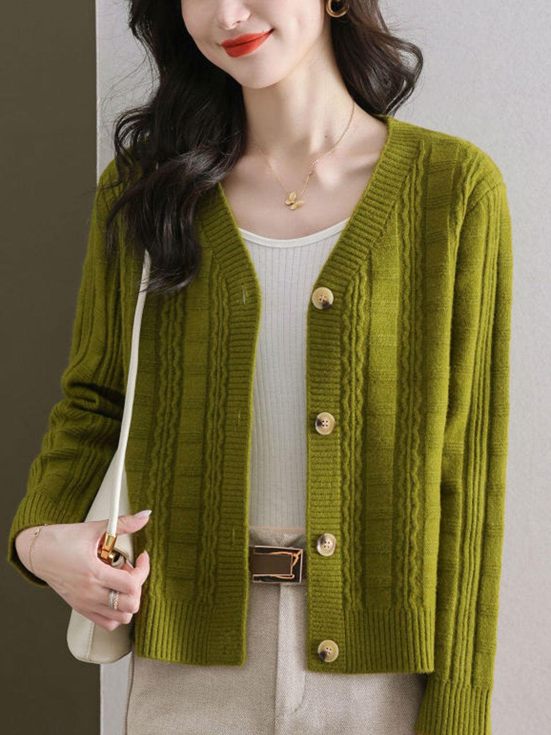 Ava Casual V-Neck Ribbed Solid Color Knitted Cardigan