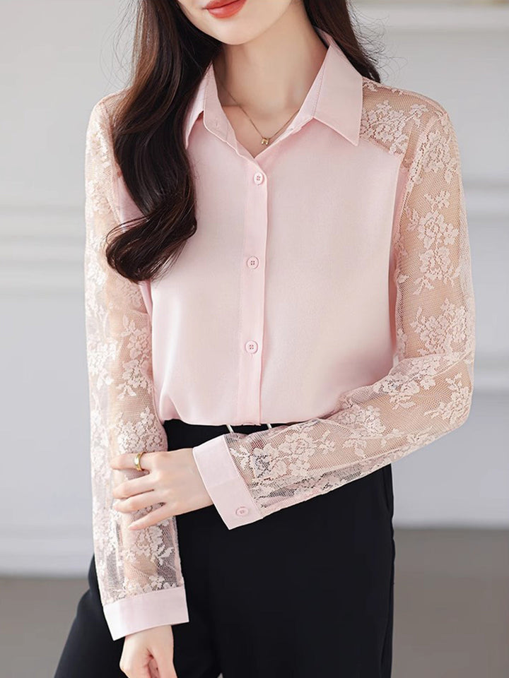 Sophie Loose Lapel Panel Lace Chiffon Shirt