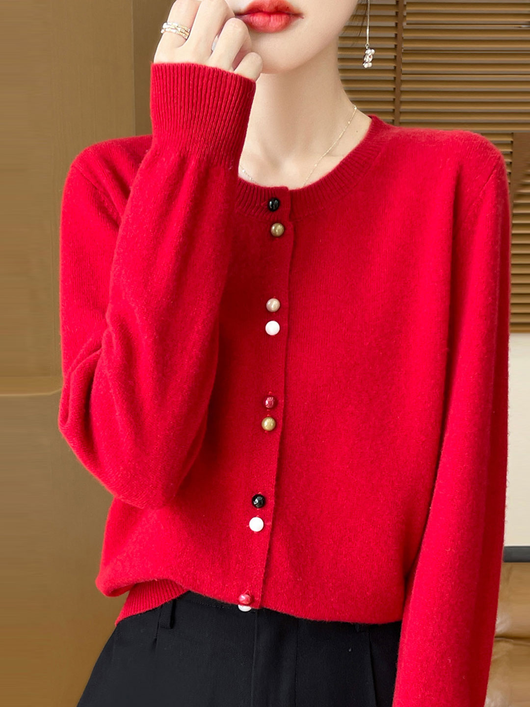 Mya Loose Crew Neck Solid Color Knitted Cardigan