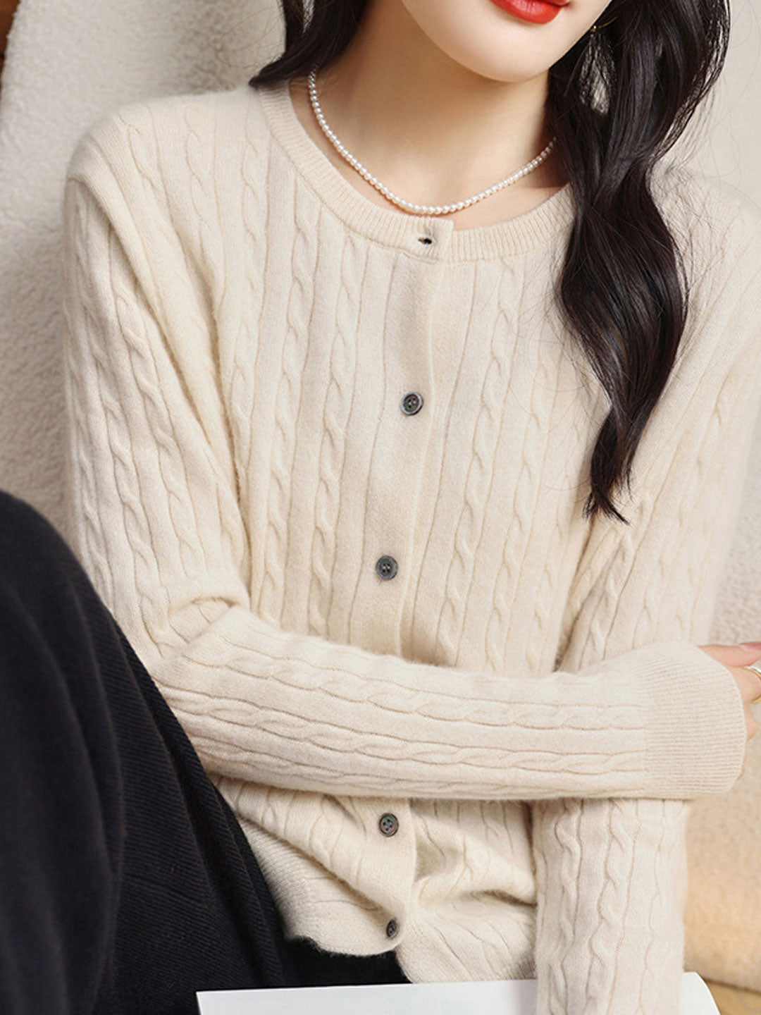 Claire Casual Crew Neck Solid Color Knitted Cardigan