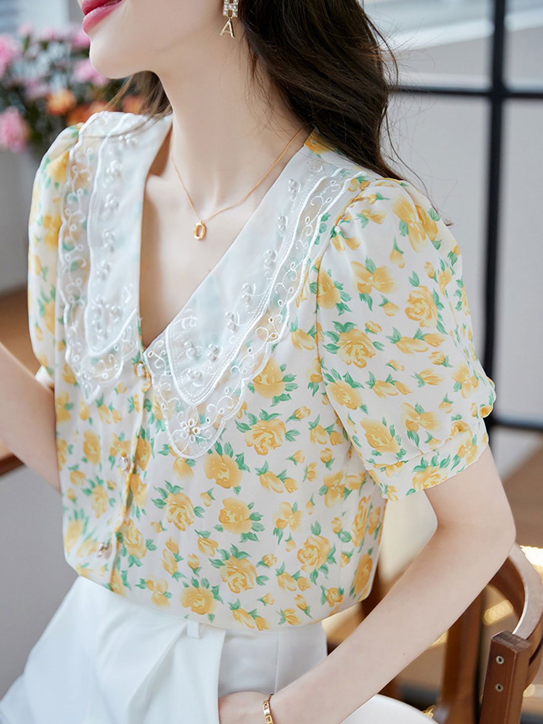 Bella Classic Floral Printed Beaded Chiffon Top