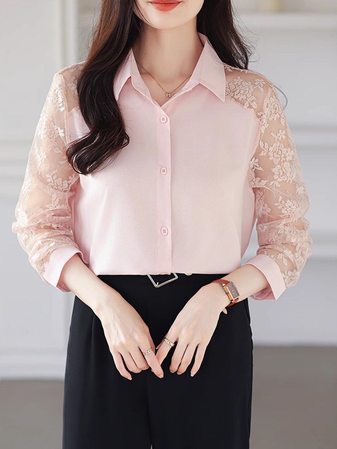 Sophie Loose Lapel Panel Lace Chiffon Shirt