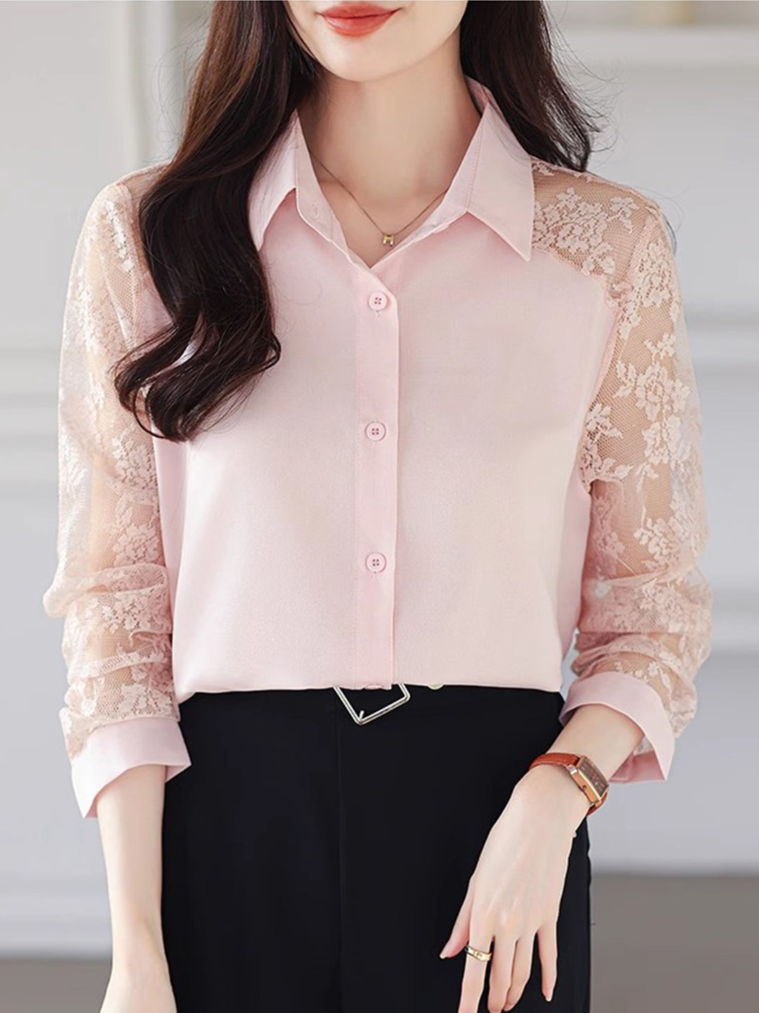 Sophie Loose Lapel Panel Lace Chiffon Shirt