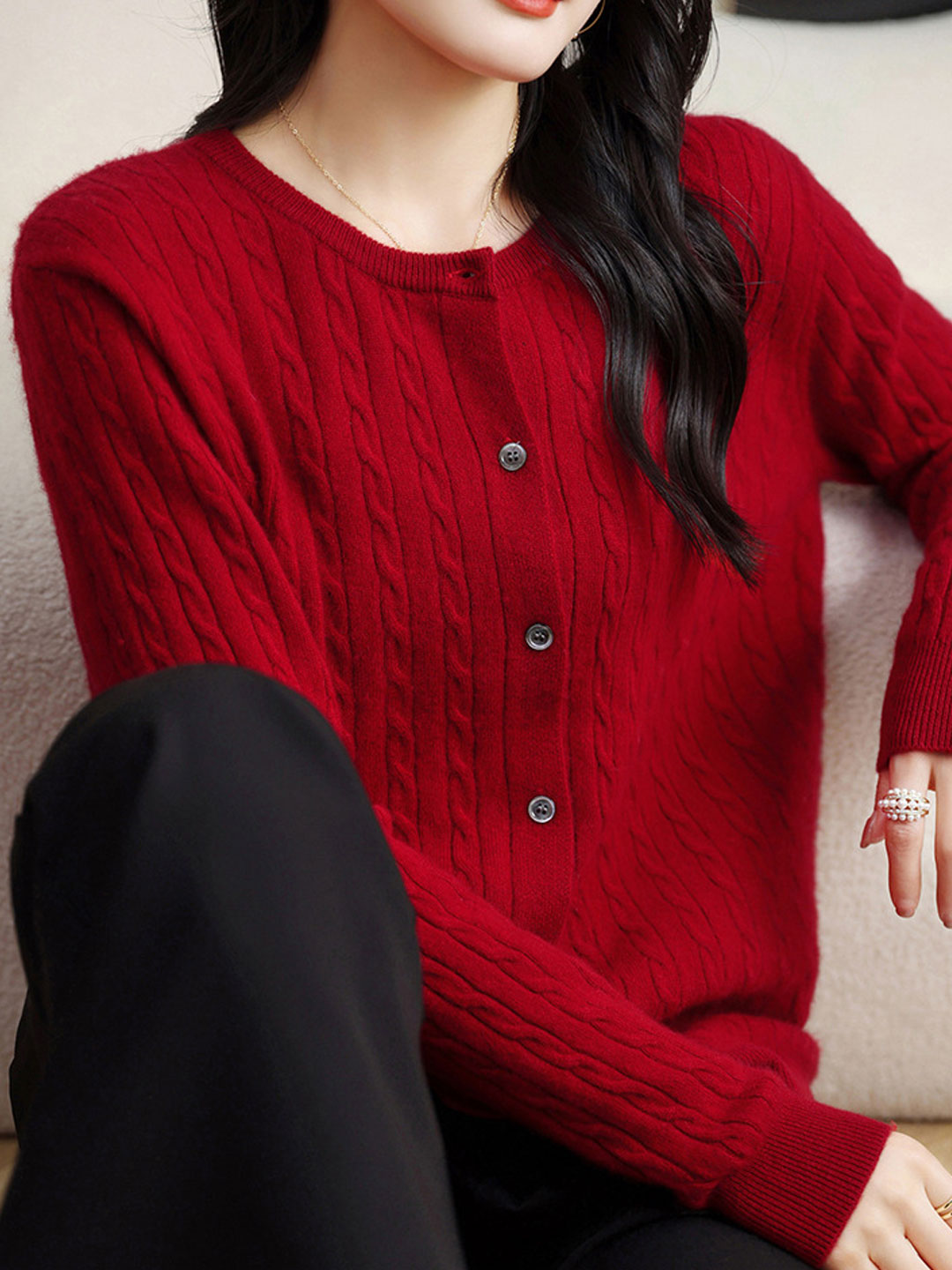 Claire Casual Crew Neck Solid Color Knitted Cardigan