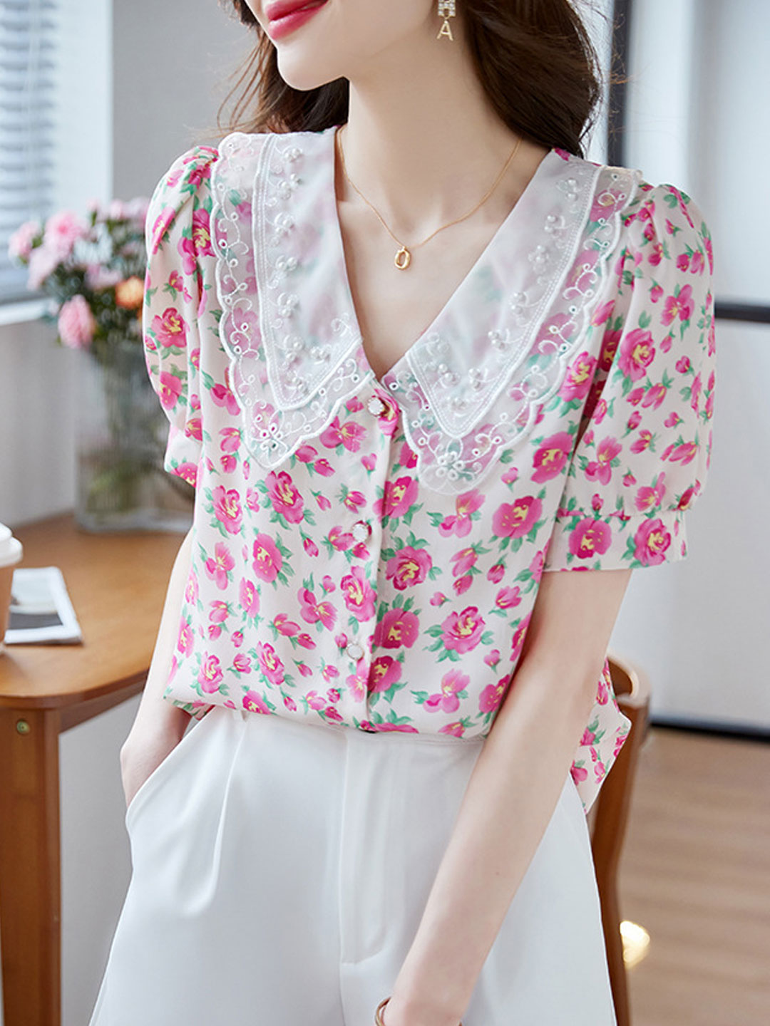 Bella Classic Floral Printed Beaded Chiffon Top-Pink