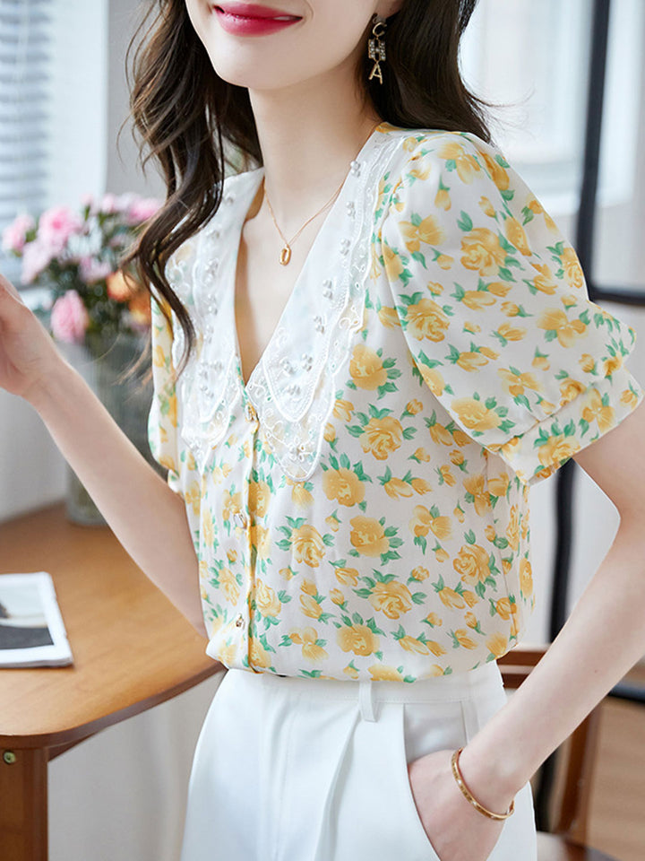 Bella Classic Floral Printed Beaded Chiffon Top