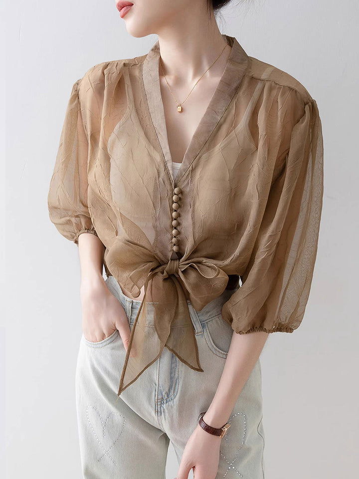 Alyssa Retro V-Neck Lantern Sleeve Chiffon Shirt