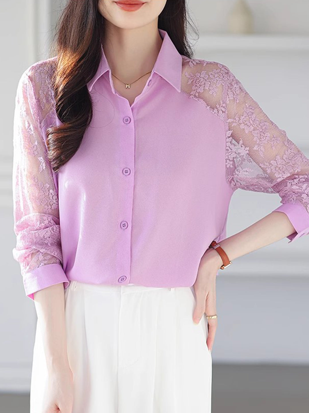 Sophie Loose Lapel Panel Lace Chiffon Shirt