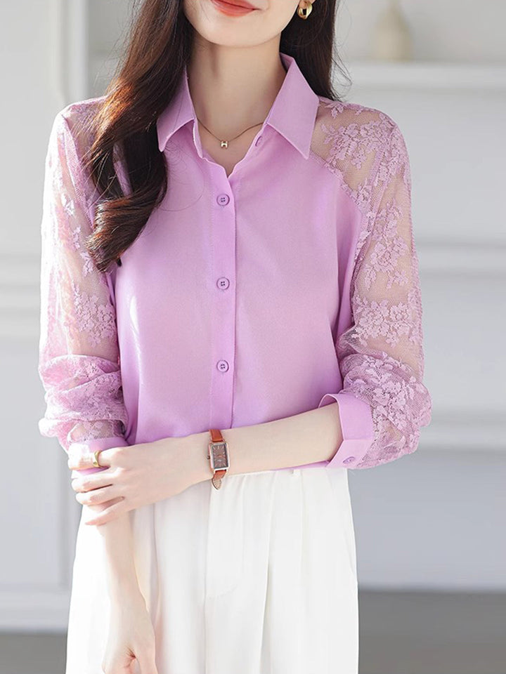 Sophie Loose Lapel Panel Lace Chiffon Shirt