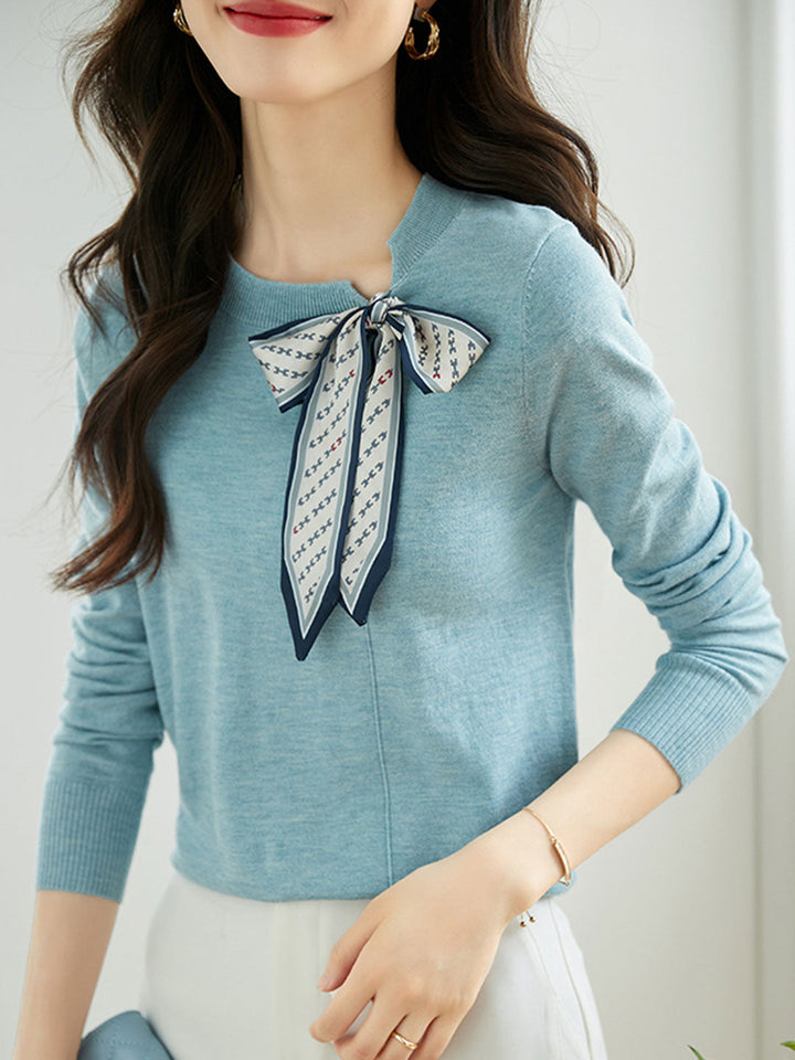 Lara Elegant Scarf Tie Knitted Sweater-Blue