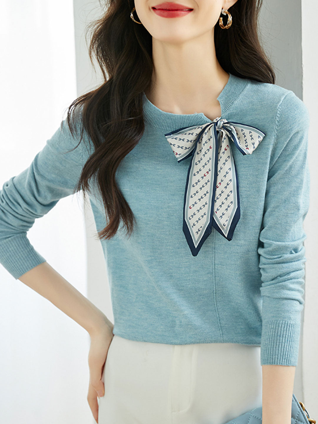 Lara Elegant Scarf Tie Knitted Sweater-Blue