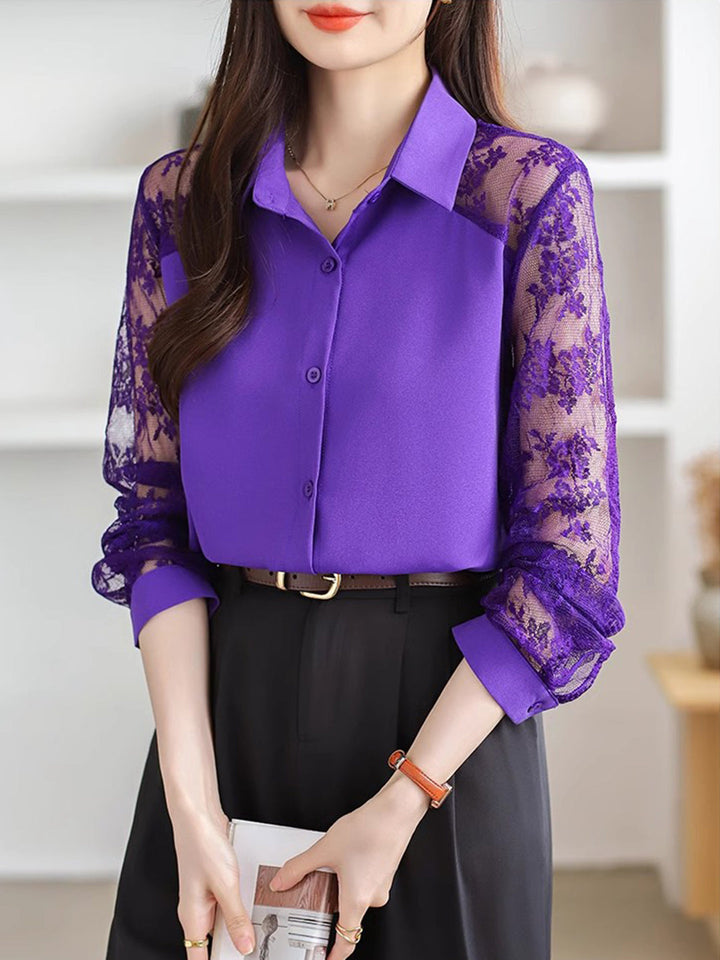 Sophie Loose Lapel Panel Lace Chiffon Shirt