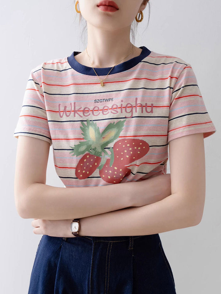 Brianna Cute Crew Neck Striped Printed Top