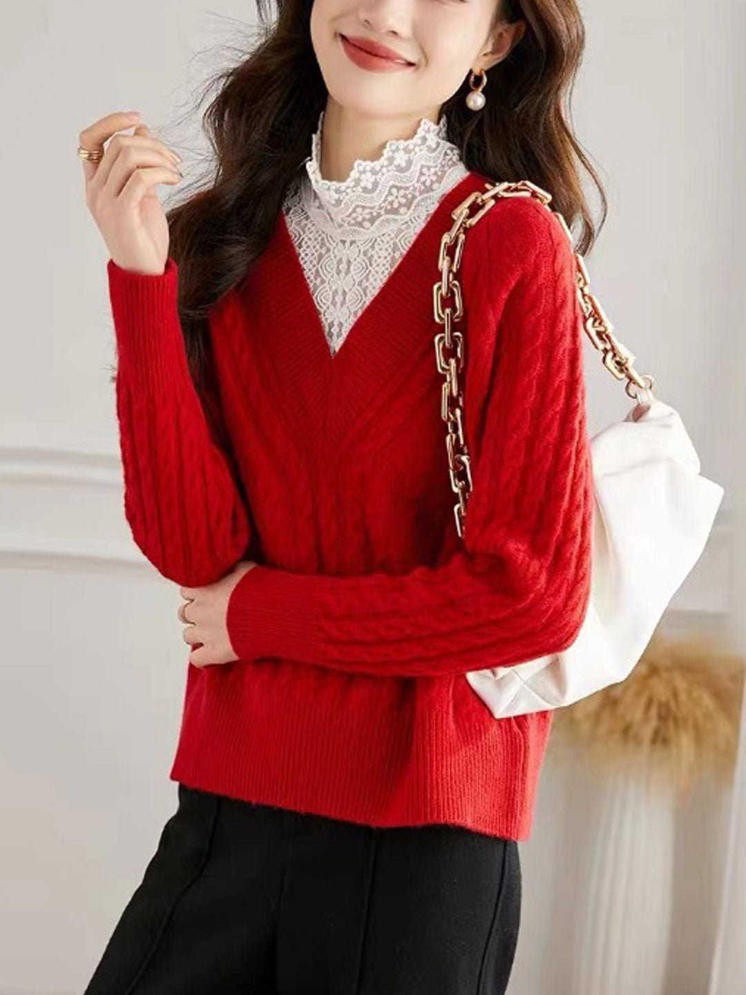 Isabella Elegant Lace Panelled Turtleneck Sweater