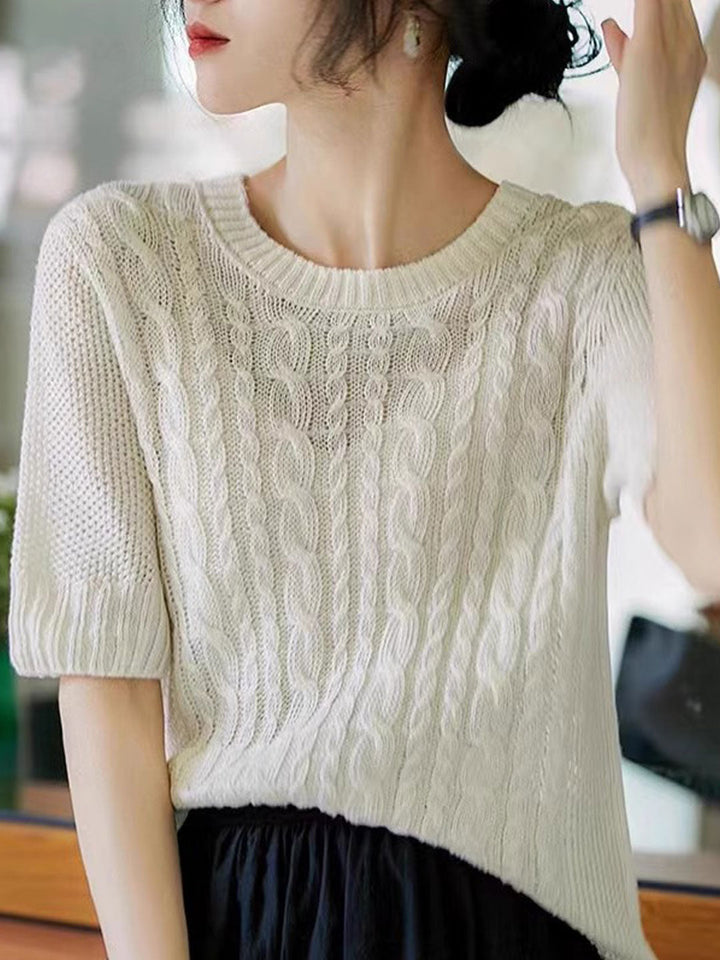 Angelina Loose Crew Neck Twisted Hollowed Knitted Top