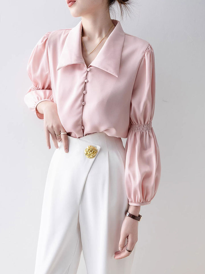 Rachel Classic Balloon Sleeve Lapel Shirt-Apricot