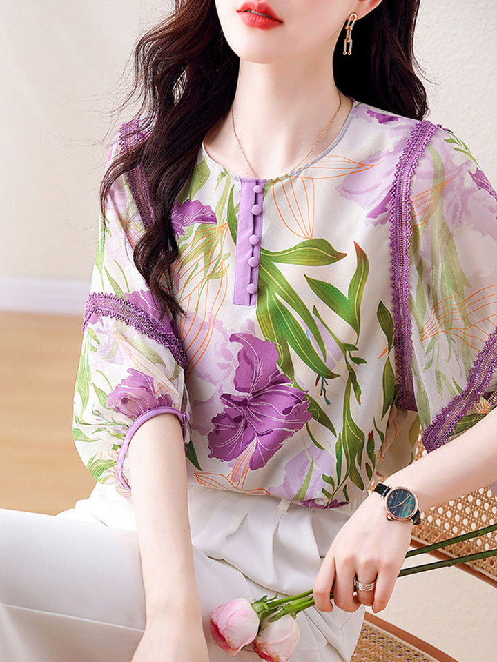 Grace Loose Crew Neck Buttoned Printed Chiffon Blouse