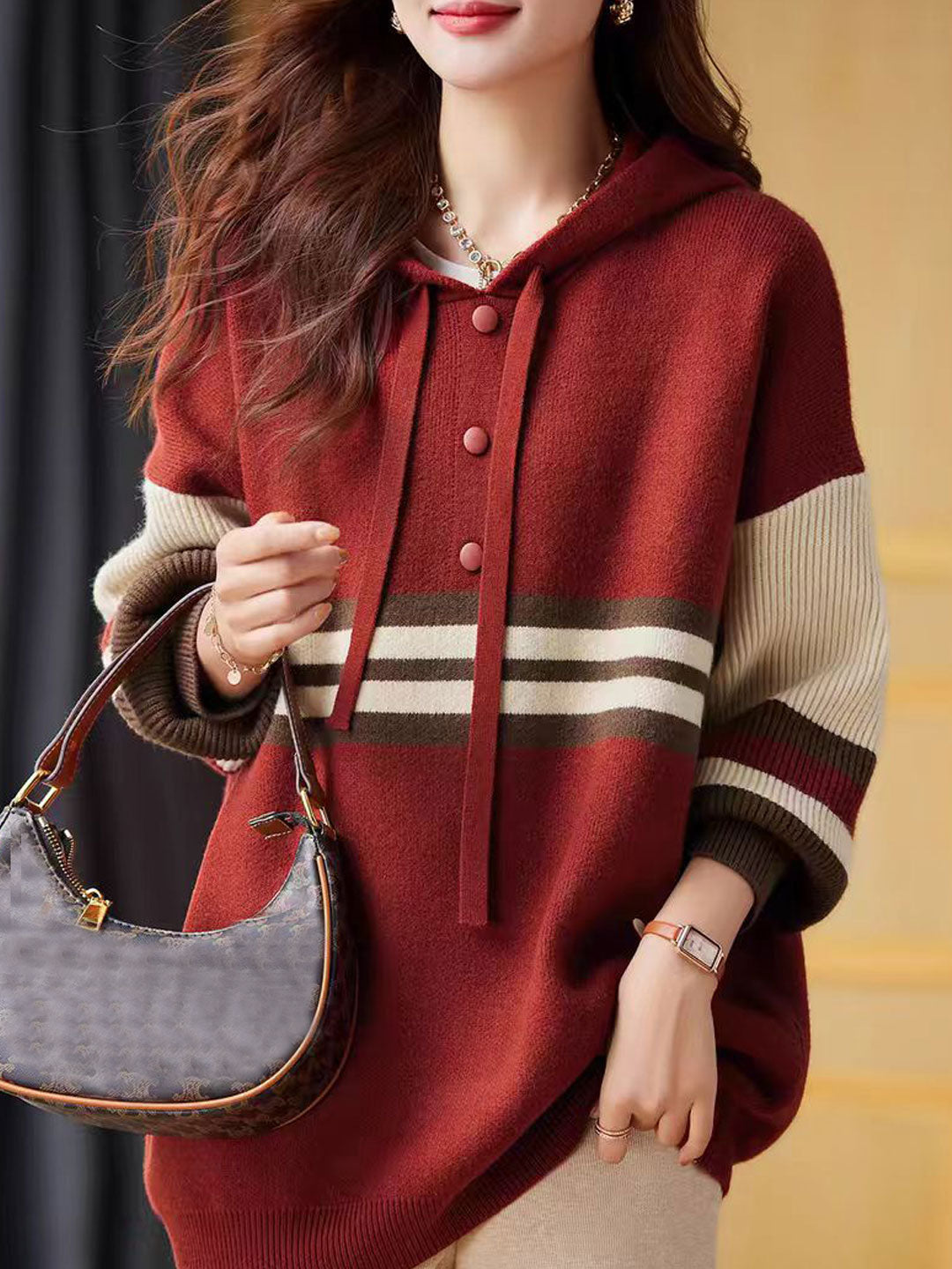 Kayla Casual Contrast Color Knitted Hooded Top