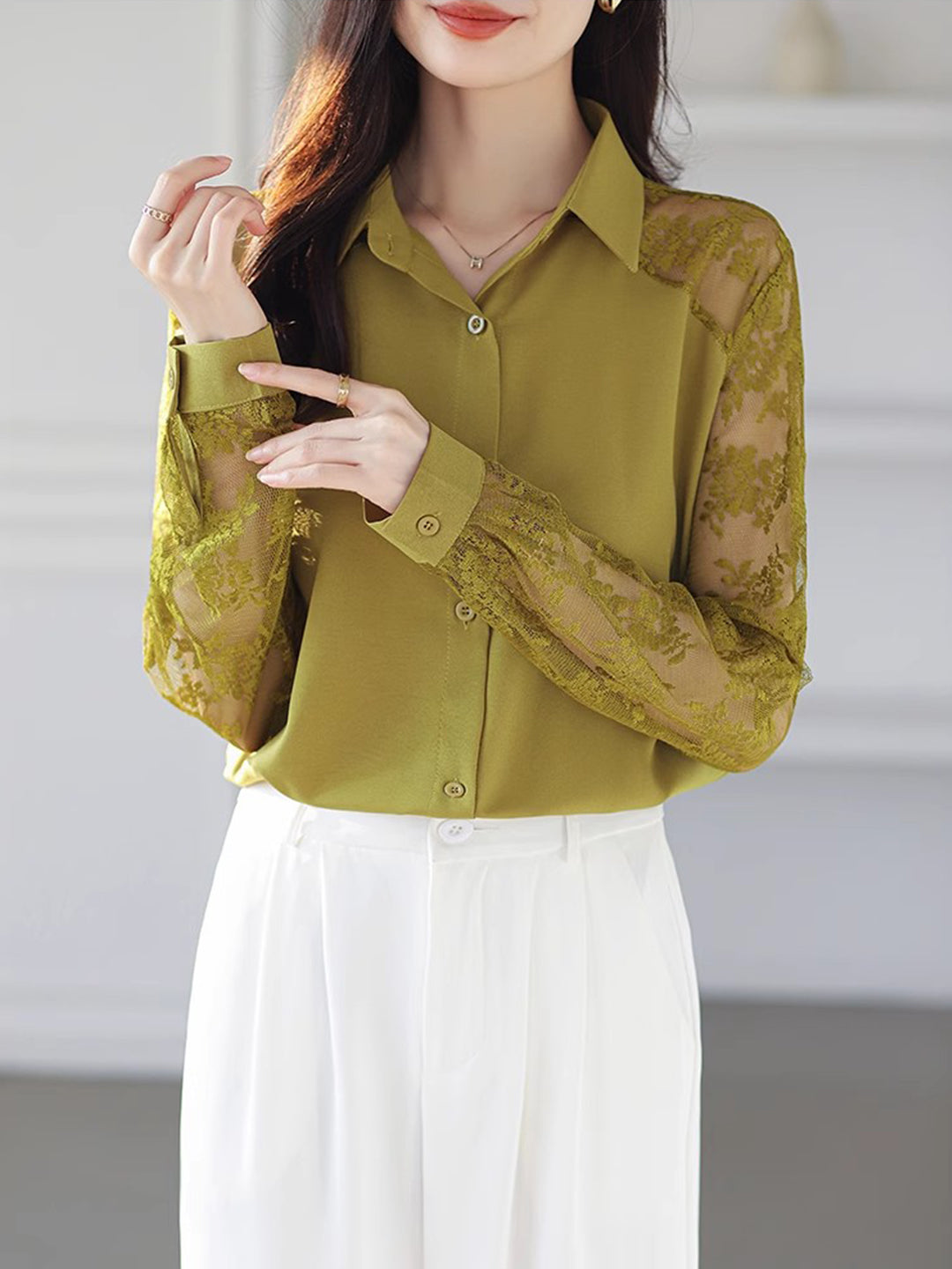 Sophie Loose Lapel Panel Lace Chiffon Shirt