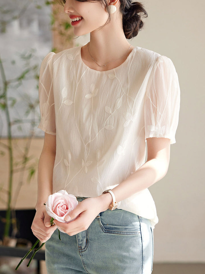 Natalie Elegant Crew Neck Embroidered Ruffled Top