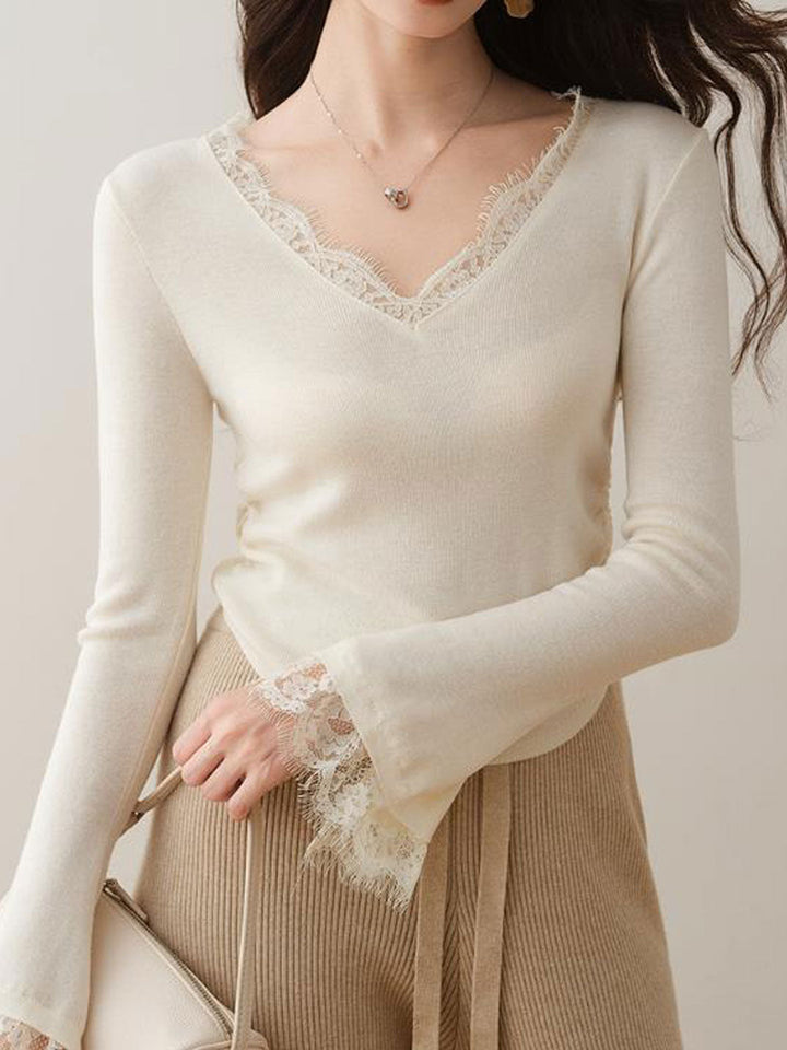 Maria Retro V-Neck Flared Sleeve Lace Knitted Top